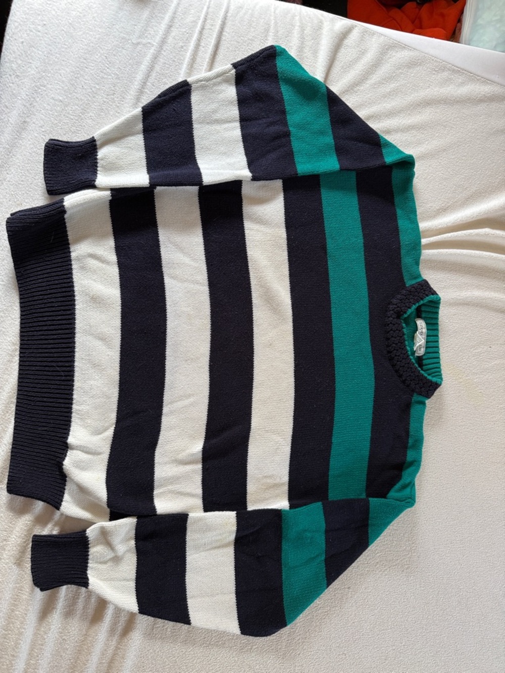 Izod Striped Crewneck Sweater in Navy Blue, White & Teal